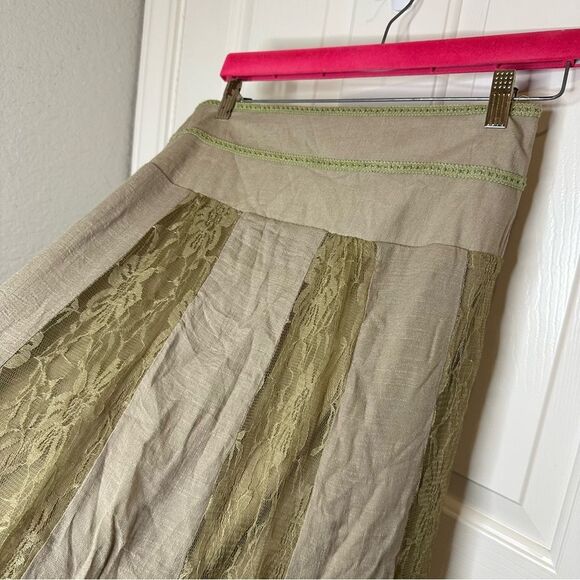 Y2K J.Lee Tan Khaki Green Floral Lace Striped Pleated Maxi Skirt Sz M Fairycore - Picture 2 of 8